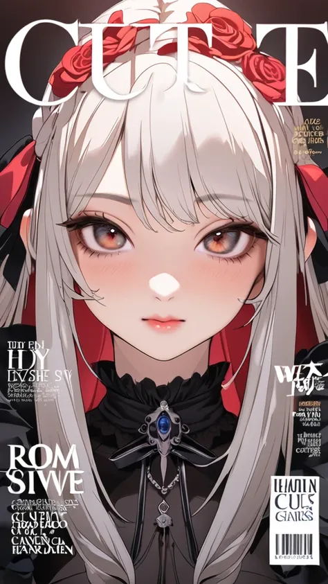 1 girl, ( cute face), Gothic Lolita in fantasy anime, ( Fashion Magazine Cover :1.5), cover, absurdres,  highres icon, ultra detailed, beautiful, masterpiece, best quality
