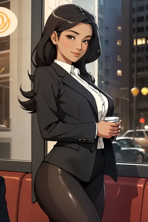 "A close-up of a confident woman standing near a sleek café window in an urban setting, capturing the soft glow of morning light. She’s wearing black pantyhose paired with a stylish tailored blazer, the details of the fabric and the structure of the outfit...