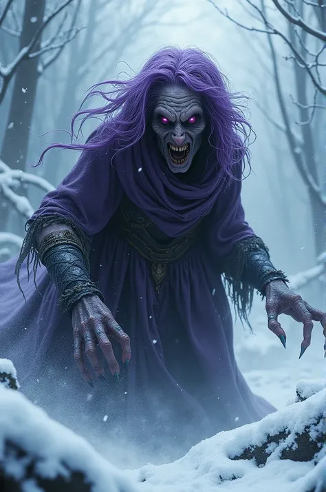 Storm old witch, purple skin, purple hair, winter, wrinkles, scary face, purple eyes