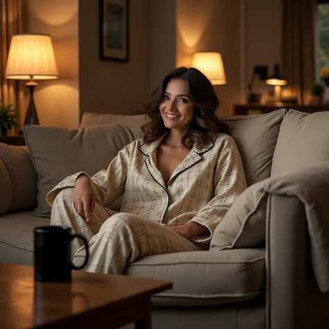 a black coffee mug on a wooden table, comfortable living room with a plush sofa, crcodile pajamas worn by a person sitting down, detailed interior, cozy atmosphere, ambient lighting, high quality, photorealistic, 8k