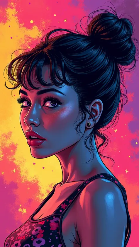 Magical 80s Pop Art Illustration**
Create a vibrant pop art illustration that radiates energy and excitement. Center the composition around a captivating figure with a bold expression, exuding confidence and charisma. 
### Key Elements:
- **Style**: Embrac...