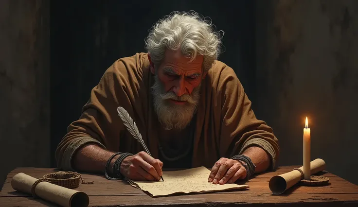 An old man with white hair. He is imprisoned in a cell at the beginning of the first century. The prison is in Rome and has a dimly lit, dark appearance. There is a table and on this table are some rolled up papyrus papers on which he writes letters. He us...