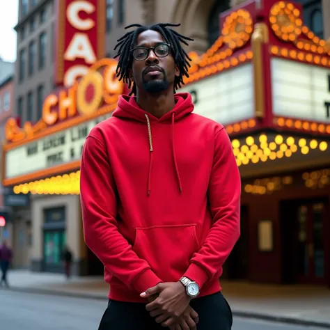 "A full-body, far-shot of a Black male model standing confidently in front of the iconic Chicago Theatre. He is wearing a plain, vibrant red hoodie with no logos, paired with black joggers and white sneakers, creating a casual, stylish look. The model has ...