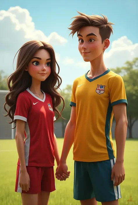 A girl wearing a jersey named kaira is holding hands with a guy wearing a Jersey named thane
