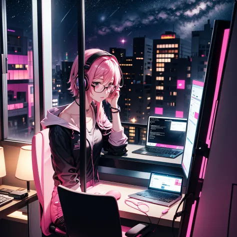 single girl with pink hair with glasses, headphones and black clothes, laptop next to the window ,  following a starry night 