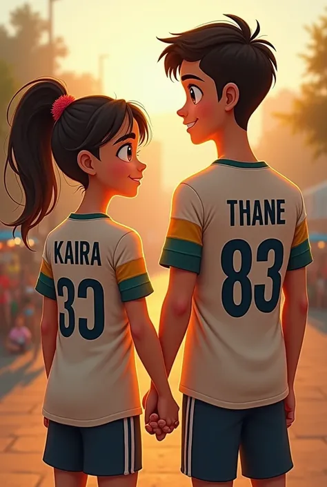 A girl wearing a jersey named kaira is holding hands with a guy wearing a Jersey named thane and showing their names

