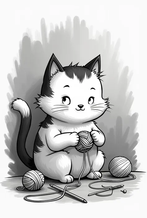 black and white cat cartoon knitting