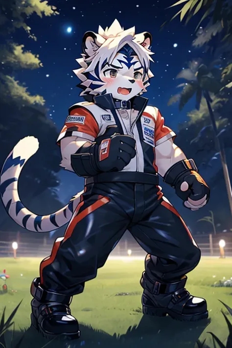 Kogenta (Onmyou Taisenki), A furry white tiger ,Shota,(,Tiger Tail,Prototype White Tiger,Thick eyebrows,Moderately strong body), Wearing a one-piece racing suit( long sleeve leather jacket, Leather Pants ),, Racing Gloves ,Racing Boots (Motorcycle Boots),,...