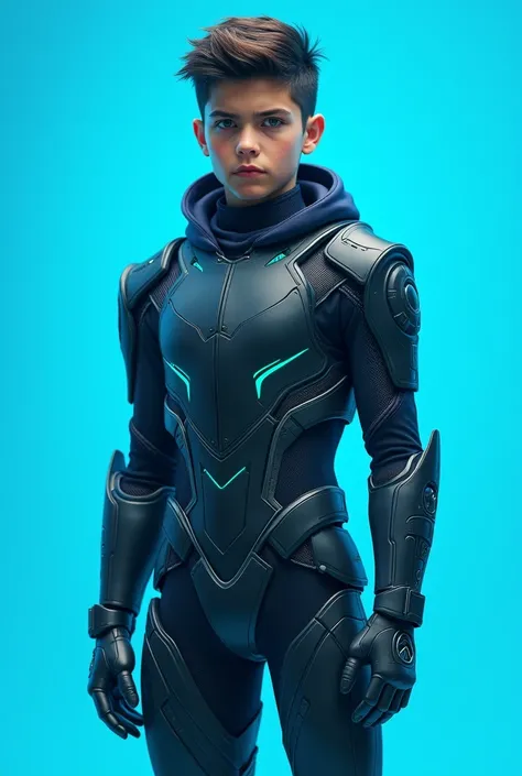 Create a realistic pfp image of a scifi boy worrior facing forward with a plane blue background 