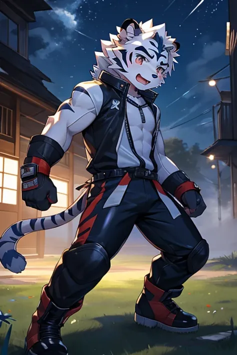 Kogenta (Onmyou Taisenki), A furry white tiger ,Shota,(,Tiger Tail,Prototype White Tiger,Thick eyebrows,Moderately strong body), Wearing a one-piece racing suit( long sleeve leather jacket, Leather Pants ),, Racing Gloves ,Racing Boots (Motorcycle Boots),,...