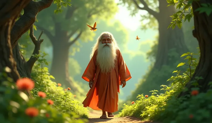 A 3d pixar stye old age Indian saint walking in the forest

