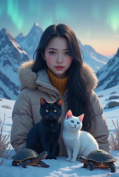 Realistic image of a 40-year-old girl with long dark hair ,  black eyes , with a serene expression,  posing outdoors in a snowy landscape .  She is wearing a thick jacket with a fur hood ,  which indicates a cold climate . Around you,  there is a white cat...