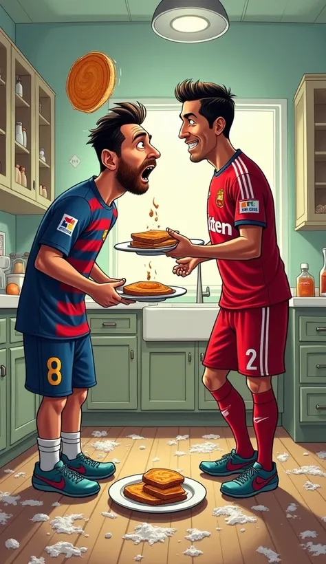 Messi in a messy kitchen, flipping a pancake high above the pan with a worried expression, while Ronaldo stands next to him, smirking and holding a plate of burnt toast. Flour, eggs, and utensils are scattered around them. Style: cartoonish, vibrant colors...