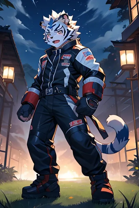 Kogenta (Onmyou Taisenki), A furry white tiger ,Shota,(,Tiger Tail,Prototype White Tiger,Thick eyebrows,Moderately strong body), Wearing a one-piece racing suit( long sleeve leather jacket, Leather Pants ),, Racing Gloves ,Racing Boots (Motorcycle Boots),,...