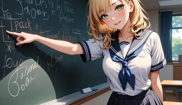  joyful female students  ,   sailor suit,   posing by pointing at the blackboard  , ((( posing in front of a blackboard  ,   background:"JK style FLUX "))),   soft focus  , (  high quality,4K,8k, high resolution on down, masterpiece :1.2),Super detailed, (...