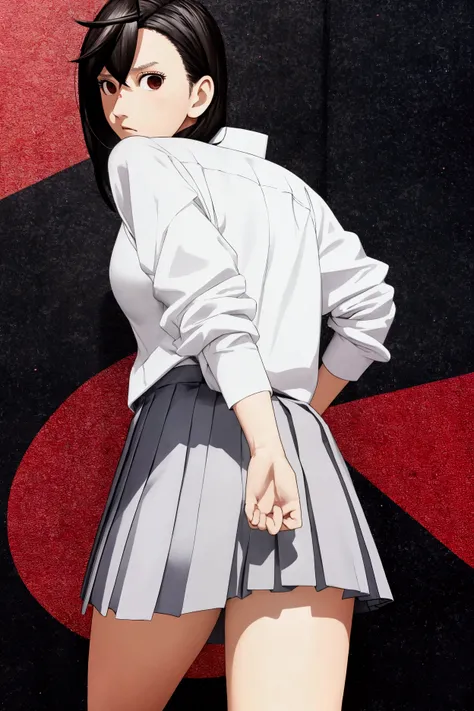 Momo Ayase, High school girl, white shirt, tiny pleated skirt, focus on thighs, bottom-up camera