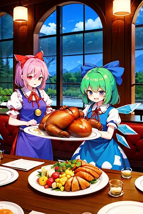 Cirnos group (touhou)
Eat a giant roast turkey in a restaurant with the characters from the Touhou Project(touhou)