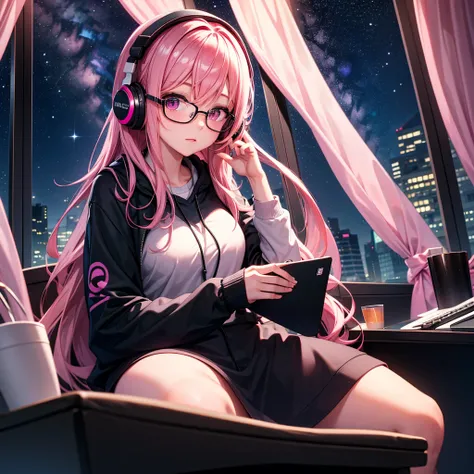 single girl with pink hair with glasses, headphones and black clothes, laptop next to the window ,  following a starry night 