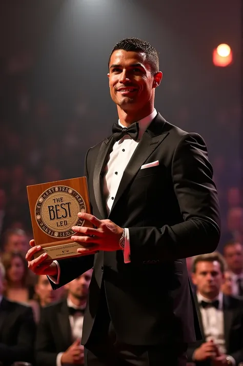 (Dans une grande salle élégante remplie dinvités, Cristiano Ronaldo se tient fièrement sur scène, brandissant le trophée carré "THE BEST LET CLUB" fabriqué en résine et bois, avec l’inscription dorée bien visible sur le devant. Sous des lumières dramatique...