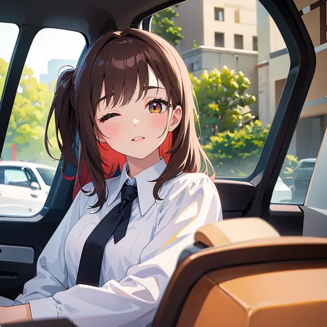 (Depends on people :1.5), masterpiece、Best Quality、 ( Knight :1.5), amount, 25-year-old woman、 light maroon medium long hair、 Brown Eyes .、Open front shirt,  wearing a white blouse 、,  eyes closed ,  sitting、 The background is inside a taxi 、taxi seat、Bold...