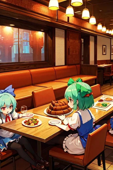 Cirnos group (touhou)
Eat a giant roast turkey in a restaurant with the characters from the Touhou Project(touhou)