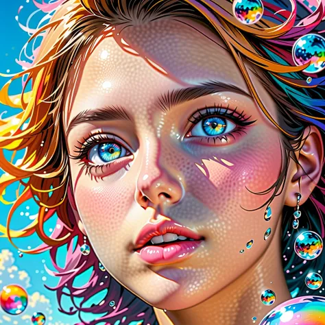 otherworldly wonders, At the center is the most beautiful woman in the world, Goddess of Eros, highly detailed perfect eyes, perfect irises, perfect wet lips, highly detailed perfect face, Floating, floating in the sky, (floating water droplets, Floating D...