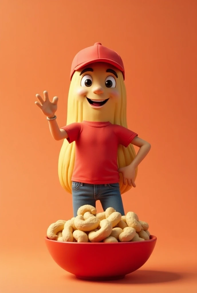 Male Cashew nut with 
body it is promoting cashew nuts to eat, with having red bowl full of cashew nuts wearing red t-shirt with jeans and having cap