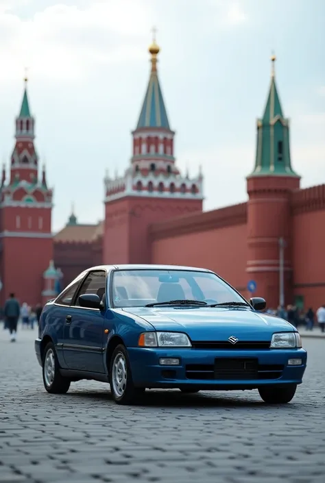 A blue Suzuki Baleno from 1998 stands on Red Square 