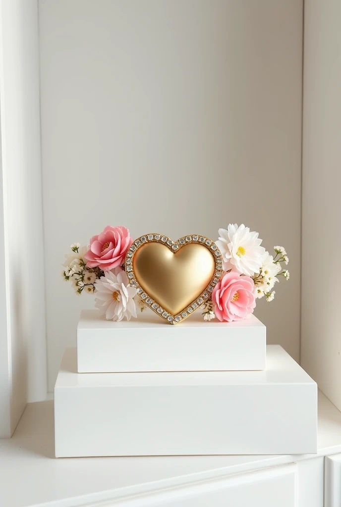 I see a gold headband in the middle of the headband on the front, it has a golden heart around the same headband, it has small white flowers and larger pink flowers, and this headband is in an all-white room in a white cabinet.