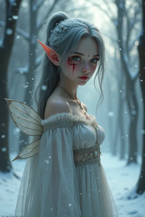 Fairy girl in her 15s, gray ponytail, white eyes, winter dress, fairy wings, elf ears, bloody scars on face 