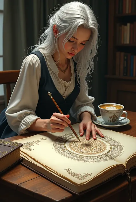 Lets also have a cup of coffee next to let frost maria draw a realistic picture of her standing on the table in the book of Three Facets