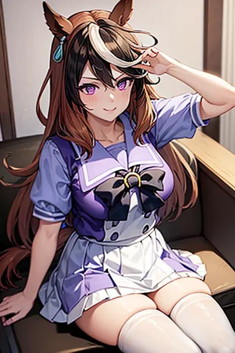 Symboli Rudolf,One person、girl、Horse tail、purple eyes,best quality,large breasts,whole body,seductive smile, tracen school uniform, sailor collar, bowtie, purple shirt, sailor shirt, short sleeves, white skirt, white thighhighs,white kneehighs,Narrowed sle...