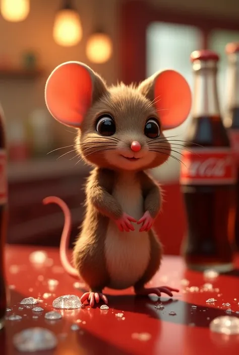  "A small, sleek mouse with fur that resembles the iconic Coca-Cola bottle. Its coat is a deep, glossy brown, with Coca-Cola logo on its chest, with tiny bubble-like details that glisten in the light. The mouse has a soft white stripe down its back, echoin...