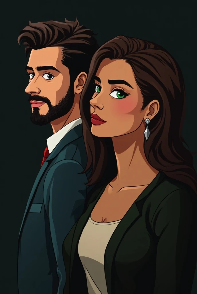  green-eyed brown woman with two attractive men , with different white complexions and suits behind their backs ,  one black haired with a slightly younger incipient beard and the other 34 year old brown illustration style black background