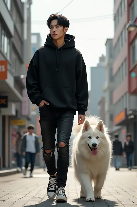 a handsome Korean man with medium black hair, wearing a hoodie, ripped black jeans, sneakers. The man was walking with a large white variety