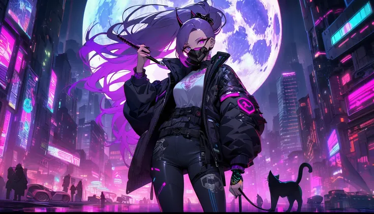 A cyberpunk woman, short purple hair in a high ponytail, a black mask covering her mouth and nose, several tattoos, including a large feline on her arm. She wears a black jacket with purple details and a feline symbol, dark pants and several accessories. S...