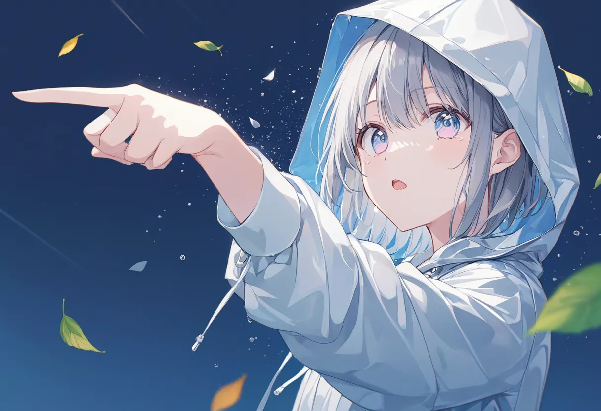 ((pastel))、1 woman, upper body, side angle pointing backwards,Woman extending one hand , Show Your Palm,Look this way,((Careful depiction)), gradation eyes ,Teary-eyed, open your mouth ,Grey Hair, black hoodie,Raincoat,white,濡れたRaincoat,  navy blue backgro...