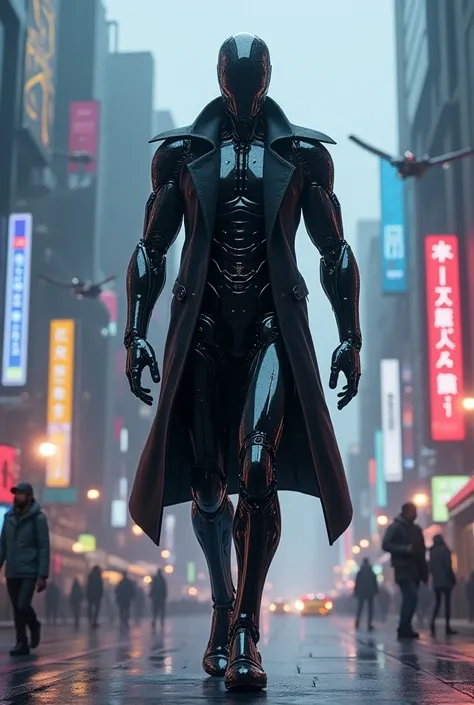  A humanoid robot with a sleek trench coat walking in a cyber city 