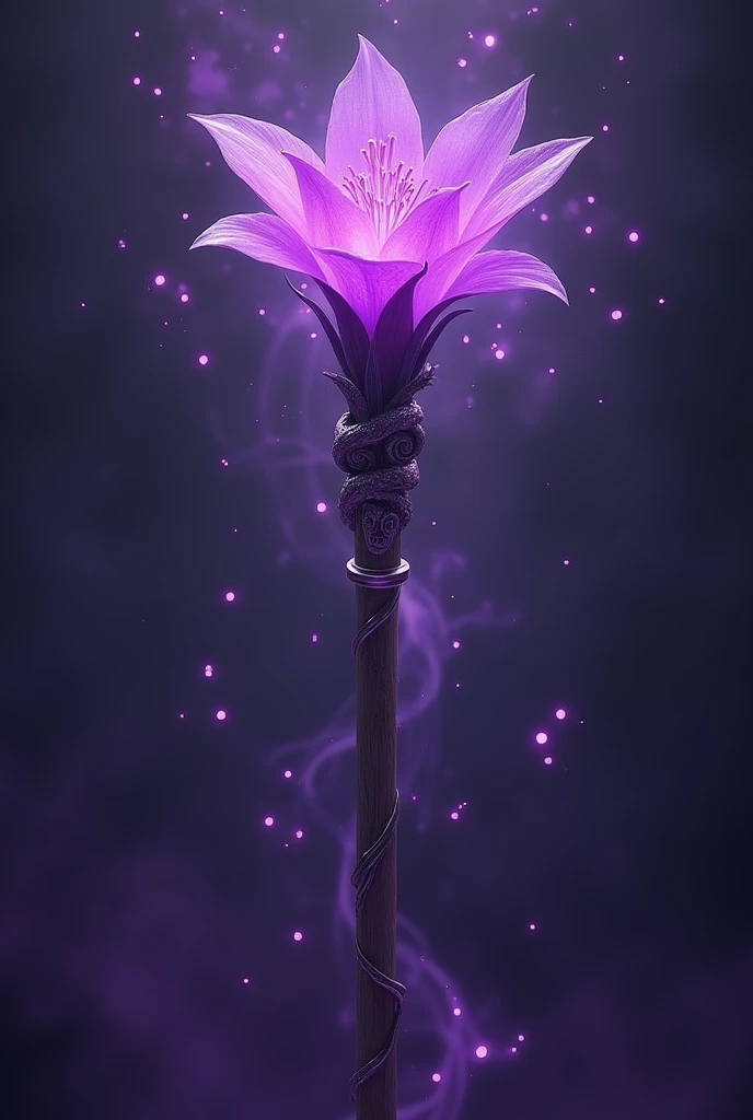 WIZARDS STAFF: Color purple 
Details :  long staff ,  at the tip have a beautiful purple flower ,  around it it shines purple lights,  purple flower details .