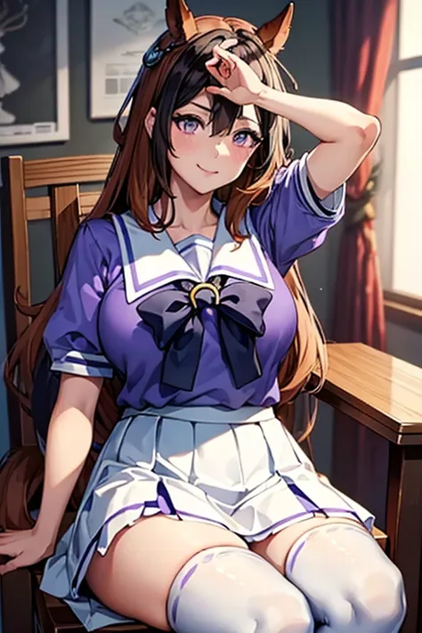 Symboli Rudolf,One person、girl、Horse tail、purple eyes,best quality,large breasts,whole body,seductive smile, tracen school uniform, sailor collar, bowtie, purple shirt, sailor shirt, short sleeves, white skirt, white thighhighs,white kneehighs,Narrowed sle...