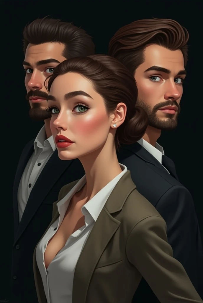  green-eyed brown woman with two attractive men , with different white complexions and suits behind their backs , One black haired with a slightly younger incipient beard and the other 34 year old brown in illustration style black background