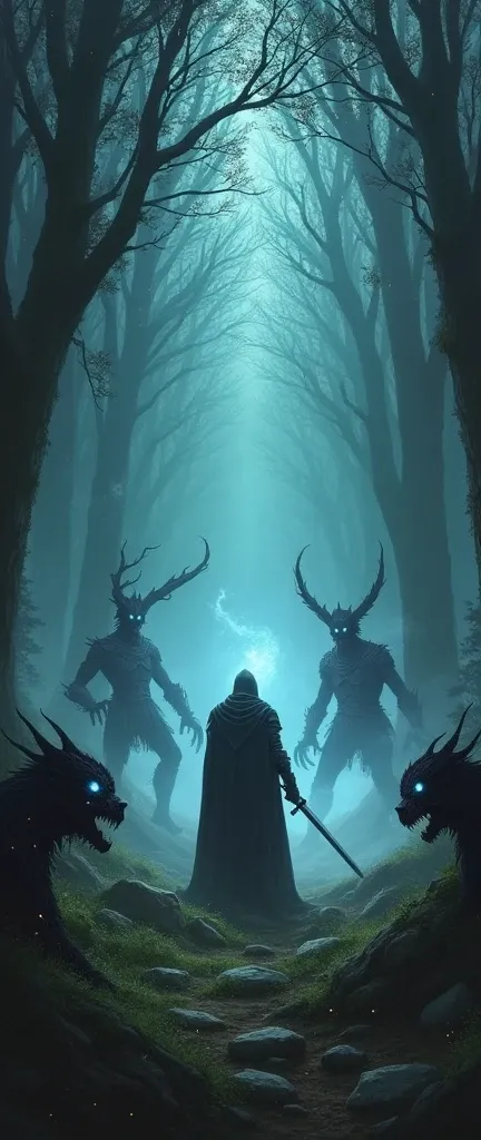 "The dark forest, shrouded in dense fog and menacing shadows. Mystical creatures, hidden among the trees, watch with bright eyes. The knight, sword in hand, faces dark monsters and magical forces of darkness. Mystical lights and magical sparks cut through ...