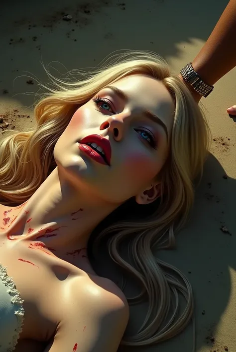 A beautiful head of a woman with blonde hair and blue eyes lipstick and eyeliner was cut off and lies on the ground and the eyes are open and the mouth is straight and the picture looks realistic and the face is illuminated by the sun and next to her head ...