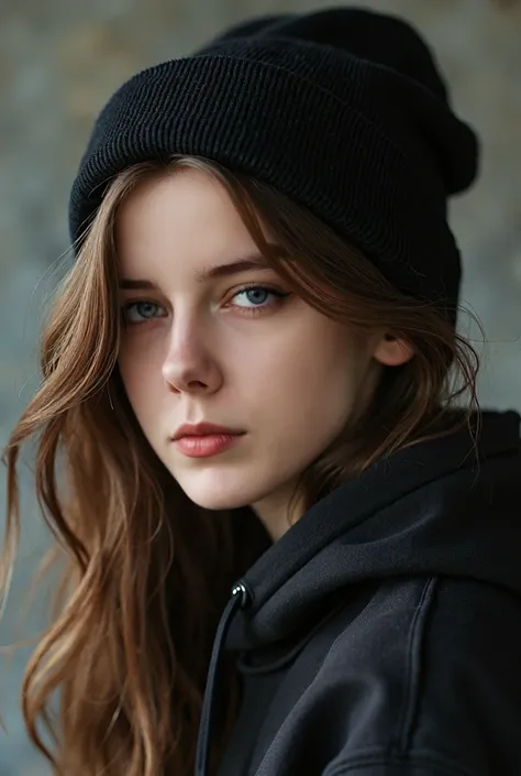 "An 18-year-old girl with a striking appearance and a slight hipster street style. Her face is distinctive, with fair skin, a slightly turned-up nose that gives her a unique, almost pixie-like charm, and subtle, natural features that convey a sense of quie...