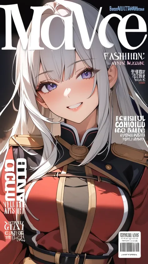 1 girl, ( cute face), fantasy anime military uniform, ( Fashion Magazine Cover :1.5), cover, absurdres,  highres icon, ultra detailed, beautiful, masterpiece, best quality
