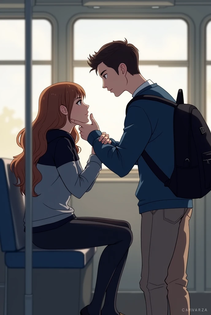  A girl and a boy on the bus ,  she is sitting and he stands next to the seat and gives her his hand and she grabs it with both hands ,  and he is caressing her face ,  the girl has a long wavy brunette and wears a gray and black hoodie and the boy is tall...