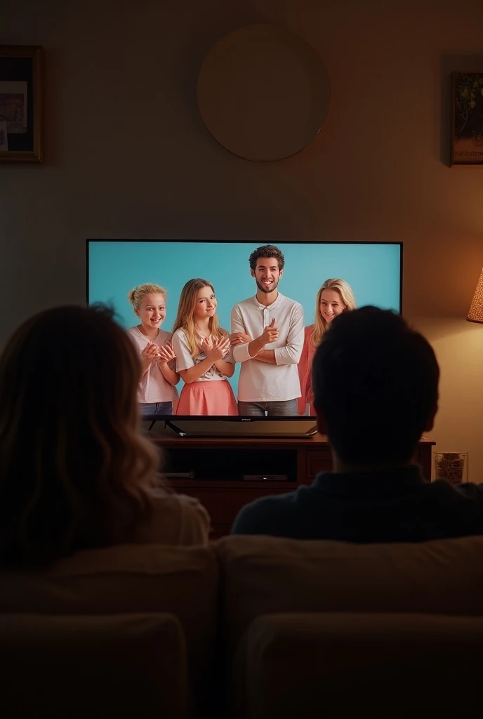  A television with a clear and vibrant image,  in which the emotions of a scene  (laughter, astonishment, nostalgia)  are reflected in the faces of those watching .  The room could be cozy , highlighting the connection 