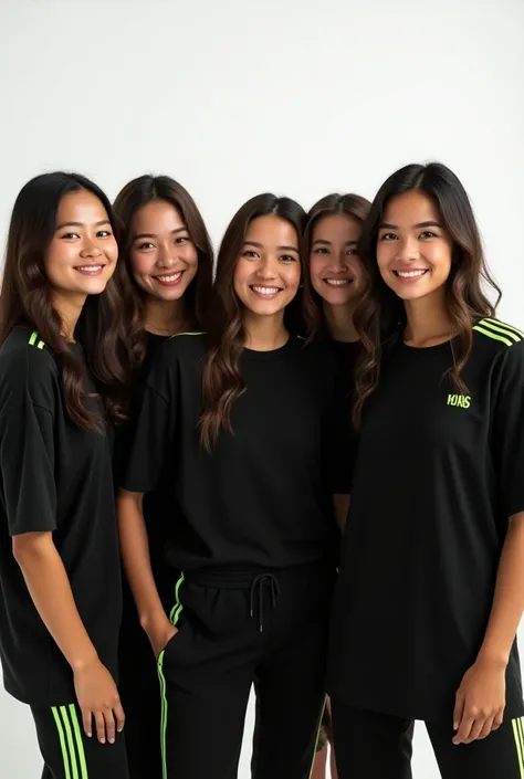 "Group of real, ultra-realistic young women standing side by side, smiling and looking forward. They are wearing black sports t-shirts with bright grass-green stripes, with their hair loose. Positioned at a moderate distance from the camera to capture a ba...