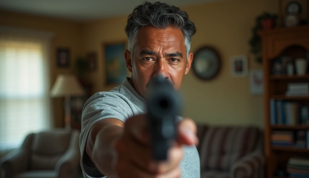  realistic photograph of a 49-year-old man with light mulatto skin,  mixed-haired and short-haired pointing a gun from the front , In the background the living room of his house 