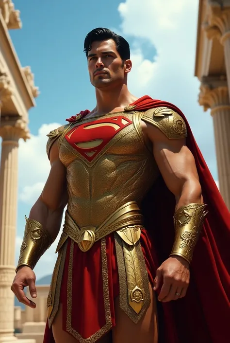 Create a version of the Greek Superman with the characteristics, cultures, clothes and adornments of the people of Greece. he must have the Superman symbol on his chest